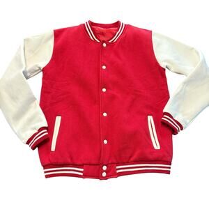 Amazon womens Red & white varsity jacket, sports, snaps, pockets, oversized, M